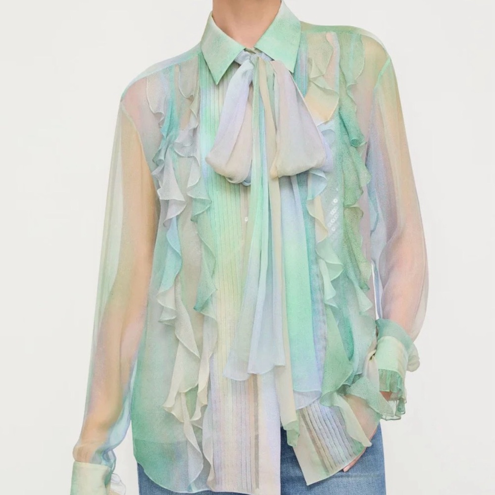 LAFAYETTE 148 AURORA PRINT SILK CRÉPON BOW BLOUSE & SEQUIN CAMISOLE